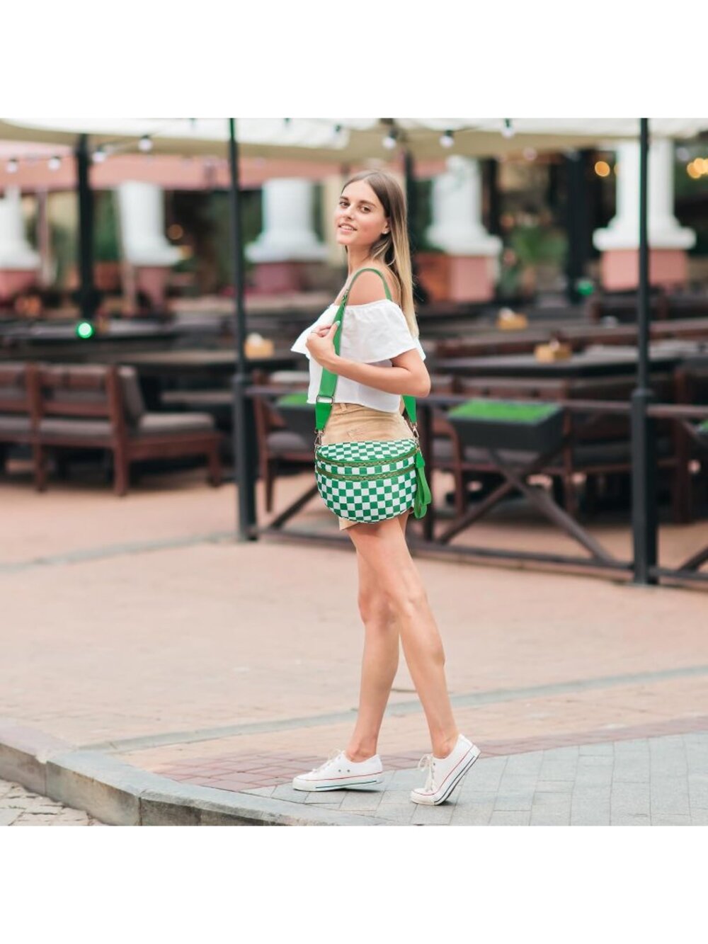 Women's Green Spacious Checkered Double-Zipper Compartment Fashion Crossbody Bag - Picture 2 of 6